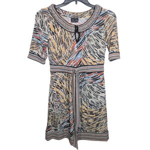 Max and Cleo Dress Multicolor Abstract Print Short‎ Sleeve Tie Waist Women's